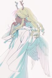  1girl absurdres angel_wings animal_ears black_eyes blonde_hair commentary curly_hair deer_ears deer_girl deltarune feathered_wings from_side furry furry_female highres hooded_robe jewelry long_hair long_sleeves noelle_holiday noelle_holiday_(dark_world) ring robe shipduck13 solo thorn_ring_(deltarune) utdr_(toby_fox) weird_route_(deltarune) white_background white_robe white_wings wings 