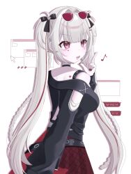  1girl :d blunt_bangs blush commentary_request cursor double-parted_bangs eyewear_on_head facial_mark hair_intakes hand_up heart heart_facial_mark highres honkai:_star_rail honkai_(series) long_hair long_sleeves looking_back musical_note official_alternate_costume official_alternate_hairstyle red_eyes red_nails red_skirt sidelocks single_bare_shoulder skirt smile solo sparkle_(honkai:_star_rail) sparxie_(candy-coated_waves)_(honkai:_star_rail) sparxie_(honkai:_star_rail) standing sunglasses twintails twitter_username two_side_up uto_oo very_long_hair w white_hair window_(computing) 