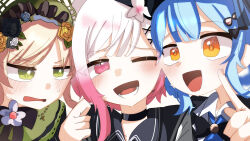  3girls :d ;d beret bi44037 black_bow black_bowtie black_choker black_coat black_flower black_hat black_rose blonde_hair blue_hair bonnet bow bow_flower bowtie braid braided_hair_rings choker coat collared_coat flower gradient_hair green_bonnet green_eyes hair_bow hair_flower hair_ornament hair_rings hat hat_flower hat_ribbon highres long_hair mahou_shoujo_no_majo_saiban multicolored_hair multiple_girls neck_ribbon one_eye_closed open_mouth pink_eyes pink_hair portrait ribbon rose sakuraba_ema shirt short_hair sleeveless sleeveless_coat smile tachibana_sherry teeth tono_hanna twintails white_flower white_hair white_ribbon white_rose white_shirt x_hair_ornament yellow_eyes yellow_flower yellow_rose yuri 