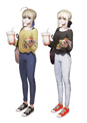  2girls absurdres ahoge alternate_costume arms_up artoria_pendragon_(fate) bag bitten black_shoes blonde_hair blue_pants blue_ribbon breasts brown_bag burger casual cheek_bulge chewing closed_mouth commentary_request converse cup denim disposable_cup drinking_straw eating fate/stay_night fate_(series) food food_wrapper full_body full_mouth green_eyes hair_bun hair_ribbon handbag highres holding holding_food jeans jun_(navigavi) korean_commentary lips long_sleeves looking_to_the_side making-of_available medium_hair multiple_girls nose pants ribbon saber_(fate) shirt shoes sidelocks simple_background single_hair_bun small_breasts sneakers standing white_background yellow_shirt 