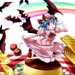  arm_up ascot banana bat bat_wings blue_hair blush bobby_socks brooch checkered checkered_floor cherry dress flying food fruit hat jewelry leaf legs_up lili_(artist) lilish looking_at_viewer open_mouth pink_dress plate platform_footwear pudding rainbow red_eyes remilia_scarlet short_hair skirt_hold socks solo touhou wafer whipped_cream white_background wings 