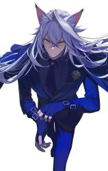 1boy absurdres animal_ear_fluff animal_ears black_gloves black_pants blue_necktie cat_boy cat_ears closed_mouth commentary_request fingerless_gloves gloves grey_hair grey_shirt highres korean_commentary long_hair male_focus nanana184555 necktie pants police_badge severian_lowell shirt simple_background solo white_background wrist_belt yellow_eyes zenless_zone_zero 
