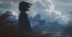  1girl absurdres bird blue_sky clouds cloudy_sky commentary_request cowboy_shot cumulonimbus_cloud dark day facing_ahead grass highres huashijw leaf ocean original outdoors scenery short_hair signature silhouette simple_bird sky solo tall_grass waves wide_shot 