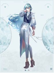  1boy androgynous ankle_boots arm_at_side blue_background blue_hair blue_vest boots brown_boots circle closed_mouth color_guide copyright_name crescent cross-laced_pants cross-laced_vest earrings emo-klore_trpg fingerless_gloves fold-over_boots full_body gloves grey_eyes hair_between_eyes half-skirt hand_on_own_neck hand_up high_heel_boots high_heels highres hoop_earrings jewelry long_hair long_sleeves looking_at_viewer male_focus mimoza04040 pants pants_under_skirt pink_gloves puffy_long_sleeves puffy_sleeves qr_code ribbon scarf shirt skirt sleeve_cuffs sleeve_garter smile solo standing two-sided_fabric two-sided_skirt very_long_hair vest white_background white_pants white_ribbon white_scarf white_shirt white_skirt 