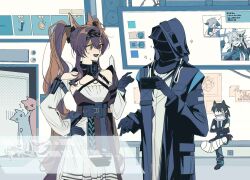  1girl 1other angelina_(arknights) angelina_the_mellow_wish_(arknights) animal_ear_fluff animal_ears arknights bellone_(arknights) bench black_collar black_hairband brown_hair cast character_request chinese_commentary coin collar commentary_request cowboy_shot detached_sleeves doctor_(arknights) door dress flying_sweatdrops fox_ears fox_girl gloves hair_between_eyes hairband hammer hand_on_own_hip hand_up holding holding_phone hood hood_up hooded_jacket indoors jacket lappland_(arknights) lappland_the_decadenza_(arknights) leg_cast lll-cubed long_hair long_sleeves looking_at_another multicolored_hairband neck_brace open_mouth phone poster_(object) sitting smile standing stronghold_protocol_(arknights) twintails two-tone_hairband vigil_(arknights) white_dress 