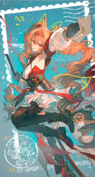  1girl absurdres angelina_(arknights) angelina_the_mellow_wish_(arknights) animal_ear_fluff animal_ears arknights arm_up armpits black_boots black_collar black_gloves black_hairband black_thighhighs blue_background boots breasts brown_hair collar detached_sleeves drawn_ears dress earpiece fox_ears fox_girl full_body gloves hair_between_eyes hairband highres holding holding_letter holding_staff infection_monitor_(arknights) letter long_hair long_sleeves looking_at_viewer multicolored_hairband nonhaaa notice_lines outstretched_arm pleated_dress postage_stamp red_eyes smile solo staff thigh-highs twintails two-tone_hairband very_long_hair white_dress 
