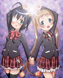  2girls black_hair blonde_hair blue_eyes chuunibyou_demo_koi_ga_shitai! cross dekomori_sanae eyepatch highres holding_hands light long_hair multiple_girls plaid plaid_skirt school_uniform short_hair side_ponytail skirt symmetry takanashi_rikka thigh-highs twintails vzmk2 