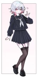  1girl black_sailor_collar black_serafuku black_shirt black_shoes black_skirt black_thighhighs border commentary_request full_body garter_belt gradient_hair hair_ornament heart highres hiruandon222 long_sleeves looking_at_viewer mahou_shoujo_no_majo_saiban multicolored_hair neckerchief pink_eyes pink_hair pleated_skirt sailor_collar sakuraba_ema school_uniform serafuku shirt shoes short_hair simple_background skirt solo thigh-highs white_border white_hair white_neckerchief x_hair_ornament 