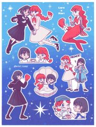  2girls aged_down baumkuchen black_eyes black_hair black_sailor_collar black_serafuku black_shirt black_shoes black_skirt black_socks blue_background blue_eyes blue_jacket border boxing_gloves braid brown_shoes character_name chef clam_shell collared_dress commentary dress english_commentary epaulettes hat highres holding holding_plate jacket kyky_yang lara_(sayonara_lara) long_hair low-braided_long_hair low-tied_long_hair merfolk mermaid monster_girl monsterification multiple_girls multiple_views neckerchief ootsu_mari plate red_hair sailor_collar sayonara_lara school_uniform serafuku shell shirt shoes short_hair skirt socks sticker_sheet_(medium) very_long_hair white_border white_neckerchief white_socks 