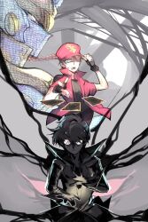  2boys artist_request bad_id bad_pixiv_id behind_another black_coat black_gloves black_hair black_shirt blue_eyes border brown_hair character_request coat cowboy_shot duel_monster facing_viewer fingerless_gloves floating_card glasses gloves grey_background hair_over_one_eye hand_on_headwear hat high_collar highres jacket konami-kun looking_ahead male_focus multiple_boys open_clothes open_jacket open_mouth ornate_border outstretched_arm peaked_cap popped_collar red_hat red_jacket shirt shoulder_pads smoke yu-gi-oh! yu-gi-oh!_tag_force 