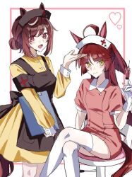  2girls ahoge animal_ears apron black_apron blunt_bangs blunt_ends blush breasts brown_hair buena_vista_(umamusume) closed_mouth crossed_legs dress gloves hair_between_eyes hair_bun hat heart holding holding_syringe horse_ears horse_girl horse_tail long_hair looking_at_viewer multiple_girls nurse nurse_cap on_stool open_mouth pink_dress red_desire_(umamusume) red_hair sitting smile sorekara_64 stool syringe tail thigh-highs umamusume violet_eyes white_gloves white_thighhighs yellow_dress yellow_eyes 