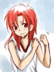  gym_uniform hair_down hair_ornament hairclip hino_akane mouth_hold precure red_eyes red_hair redhead sanpatisiki sleeves_rolled_up smile_precure! solo 