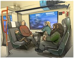  1girl 3boys beard black_beard black_hair black_shoes black_sweater blue_sweater border braid brown_hair chilchuck_tims city_lights contemporary crossed_legs door dungeon_meshi dwarf elf facial_hair french_braided_ponytail green_sweater grey_pants halfling kui_ryouko laios_touden large_ears leaning_on_table long_beard long_hair looking_outside marcille_donato motion_blur multiple_boys neck_warmer official_art own_hands_clasped own_hands_together pants pointy_ears railing red_sweater senshi_(dungeon_meshi) shoes short_hair single_braid sitting sketch sleeping sliding_doors stairs suitcase sweater train_interior urban_fantasy white_border window 