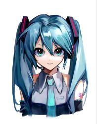  1girl aqua_eyes aqua_hair aqua_necktie aqua_trim bare_shoulders black_sleeves collared_shirt commentary_request cropped_arms cropped_torso detached_sleeves grey_shirt hair_between_eyes hair_ornament hatsune_miku headset herzog29w looking_at_viewer necktie number_tattoo shirt shoulder_tattoo sleeveless sleeveless_shirt smile solo tattoo upper_body vocaloid wing_collar 