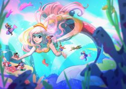 3girls 6+boys bikini black_hair blonde_hair brook_(one_piece) commentary fish fish_hair_ornament franky_(one_piece) giant giantess green_kimono hagoromo hair_ornament highres japanese_clothes jinbe_(one_piece) kimono long_hair merfolk mermaid monkey_d._luffy monster_girl multiple_boys multiple_girls nami_(one_piece) nico_robin one_piece pink_hair red_shirt roronoa_zoro sanji_(one_piece) sash shawl shirahoshi shirt smile straw_hat_pirates swimsuit tony_tony_chopper underwater usopp very_long_hair yellow_bikini yosoobi 