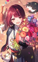  1girl :d atelier_(series) atelier_resleriana atelier_sophie black_gloves black_skirt bouquet cat collared_shirt confetti flower flower_request funuyu game_asset gloves highres holding holding_bouquet jacket jacket_on_shoulders long_sleeves non-web_source official_art orange_eyes overall_skirt red_flower red_hair red_rose rose shirt side_slit skirt smile sophie_neuenmuller whiskers white_shirt 