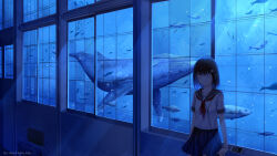  1girl absurdres against_window animal black_hair blue_skirt blue_theme bob_cut breasts cellphone classroom closed_eyes commentary_request earphones earphones fish guiyi_tonghua highres indoors leaning leaning_back light_rays listening_to_music miniskirt neckerchief ocean original phone pleated_skirt red_neckerchief sailor_collar scenery school_uniform serafuku shirt short_hair skirt small_breasts smartphone solo straight_hair summer_uniform surreal whale white_shirt wide_shot window 
