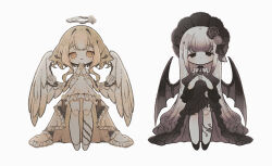  2girls absurdly_long_hair angel angel_wings bare_shoulders black_bonnet black_bow black_bowtie black_dress black_eyes black_flower black_ribbon black_rose black_shoes black_veil black_wings blonde_hair bonnet bow bowtie closed_mouth collared_dress demon_girl demon_wings doll_joints dress flower frilled_bonnet frilled_dress frilled_sleeves frilled_wrist_cuffs frills gradient_eyes gradient_hair grey_flower grey_hair grey_rose hair_intakes halo high-low_dress highres joints juliet_sleeves knees leaf leg_tattoo long_hair long_sidelocks long_sleeves multicolored_eyes multicolored_hair multiple_girls naiguozi off-shoulder_dress off_shoulder open_mouth original own_hands_clasped own_hands_together plant puffy_sleeves ribbon ringlets rose see-through_clothes see-through_veil shoes short_hair sidelocks strapless strapless_dress tattoo thorns veil very_long_hair vines white_dress white_flower white_hair white_rose white_shoes white_wings wide_hips wings wrist_cuffs yellow_eyes 