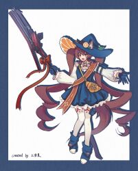  1girl absurdres angelina_(arknights) angelina_the_mellow_wish_(arknights) animal_ears arknights artist_name bag blue_border blue_dress blue_gloves blue_hat blue_shorts border brown_hair chinese_commentary collared_shirt commentary_request dress food food_print fox_ears fox_girl fox_tail fruit fruit_print full_body gloves hair_between_eyes hat highres holding holding_staff kanjianqian long_hair long_sleeves looking_at_viewer open_mouth orange_(fruit) orange_print orange_slice sash shirt shorts shoulder_sash smile solo staff standing tail thigh-highs twintails very_long_hair white_background white_shirt white_thighhighs witch witch_hat 