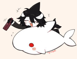 1boy =_= bags_under_eyes beer_bottle black_gloves black_hair black_shoes black_suit blush bottle cetacean_tail drooling drunk english_commentary fins fish_tail flying_sweatdrops funamusea gloves head_fins holding holding_bottle idate_(funamusea) motion_lines multicolored_hair oounabara_to_wadanohara orca_boy red_eyes saliva shark shoes short_hair simple_background suit syakesan_(funamusea) tail vyrasyte white_background white_hair 