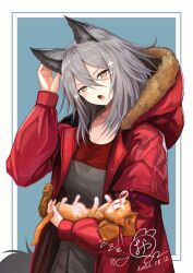  1girl absurdres animal animal_ears arknights blue_background blush border cat commentary_request dated dress fur-trimmed_hood fur_trim grey_dress hair_between_eyes highres holding holding_animal holding_cat hood hood_down hooded_jacket jacket looking_at_viewer medium_hair nose_bubble open_mouth outside_border oyatsuming projekt_red_(arknights) red_jacket simple_background smile solo sparkle tail upper_body white_border wolf_ears wolf_girl wolf_tail yellow_eyes zzz 