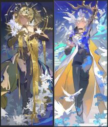  2boys antenna_hair arm_guards arm_up armor belt bird bird_wings black_belt black_boots black_border black_bridal_gauntlets black_cape black_choker black_gloves black_pants black_shirt blonde_hair blood bloom blue_background blue_eyes blue_flower boots border bridal_gauntlets cape chest_belt chinese_commentary choker closed_mouth coat collarbone collared_shirt colored_blood commentary_request cracked_skin dawnmaker_(honkai:_star_rail) dove dual_persona fingerless_gloves floral_background flower full_body gauntlets gloves hair_between_eyes halo halo_behind_head hand_up hands_on_own_chest hands_up high_collar holding holding_sword holding_weapon honkai:_star_rail honkai_(series) long_sleeves looking_up male_focus multiple_boys neck_tattoo pants pauldrons phainon_(honkai:_star_rail) phainon_(khaslana)_(honkai:_star_rail) shirt shiyi1314 short_hair shoulder_armor single_gauntlet single_glove single_pauldron stairs standing standing_on_one_leg sun_symbol sun_tattoo sword tattoo teeth thigh_strap waist_cape weapon white_coat white_flower white_hair wings yellow_blood yellow_cape yellow_eyes yellow_halo 
