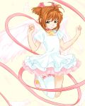  brown_hair card_captor_sakura cardcaptor_sakura chikuishi child choker dress feathers frills green_eyes kinomoto_sakura magical_girl ribbon simple_background single_thighhigh solo thigh-highs thighhighs twintails two_side_up wings 