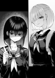  2girls backpack bag bandage_over_one_eye breasts closed_mouth collarbone commentary_request greyscale hair_between_eyes hair_over_shoulder highres long_hair low_ponytail medium_breasts monochrome multiple_girls neckerchief original parted_lips piripun pleated_skirt ponytail sailor_collar school_uniform serafuku shaded_face shirt skirt smile 