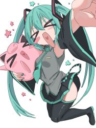  >_< 1girl :d bare_shoulders black_boots black_skirt black_sleeves blue_hair blue_necktie blush boots closed_eyes collared_shirt commentary_request detached_sleeves fingernails hair_between_eyes hatsune_miku headset highres hiiragi_ken jigglypuff jumping long_hair long_sleeves nail_polish necktie open_mouth pleated_skirt pokemon pokemon_(creature) shirt simple_background skirt sleeveless sleeveless_shirt smile tie_clip twintails vocaloid white_background xd 