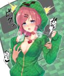 1girl blush breast_grab breasts breath cleavage creeparka creeper hair_ornament hairclip hoodie jewelry large_breasts minecraft necklace personification red_hair redhead saemon_(tonpura) short_hair solo tnt translation_request unzipped zipper 