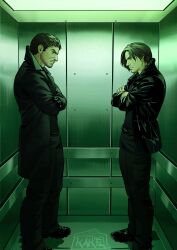  2boys absurdres beard black_coat black_pants black_shirt black_shoes brown_hair chris_redfield closed_mouth coat crossed_arms elevator facial_hair full_body fur-trimmed_coat fur_trim highres kakemakes leon_s._kennedy looking_at_another male_focus multiple_boys pants popped_collar resident_evil resident_evil_requiem shirt shoes short_hair standing 