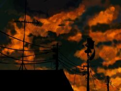  1girl clouds cloudy_sky dusk full_body holding holding_umbrella nozaki_meguru on_top_of_pole orange_sky orange_theme outdoors power_lines scenery silhouette sky solo standing standing_on_one_leg tatara_kogasa touhou umbrella utility_pole wide_shot 