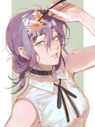  1girl arm_up artist_name bare_shoulders black_choker black_ribbon chainsaw_man choker clivenzu collared_shirt daisy_(flower) flower green_background green_eyes grenade_pin hair_between_eyes hair_bun highres holding holding_flower looking_at_viewer medium_hair messy_hair neck_ribbon parted_lips pink_lips purple_hair reze_(chainsaw_man) ribbon shirt single_hair_bun sleeveless sleeveless_shirt smile solo two-tone_background white_background white_shirt 