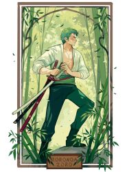  1boy bamboo boots character_name closed_mouth commentary english_commentary green_hair highres ludmilacerafoce male_focus one_piece outdoors roronoa_zoro shirt short_hair solo sword weapon white_shirt 