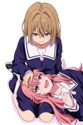 2girls arar0158 brown_hair collar dress green_eyes hand_on_another's_head highres kagari_mimi kimi_ga_shinu_made_koi_wo_shitai lap_pillow light_blush long_hair looking_at_another medium_hair multiple_girls open_mouth pink_hair sailor_collar sailor_dress seiza simple_background sitting sleeve_cuffs smile totsuki_shiina violet_eyes white_background white_collar white_sailor_collar yuri 