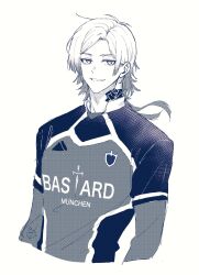  1boy absurdres bastard_munchen_soccer_uniform blue_lock closed_mouth cropped_torso eyeliner flower_tattoo highres layered_sleeves long_sleeves looking_at_viewer makeup male_focus michael_kaiser nannnann4321 neck_tattoo short_hair_with_long_locks short_over_long_sleeves short_sleeves simple_background smile solo tattoo teeth upper_body white_background 
