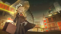  1girl absurdres black_coat black_dress black_hat black_pantyhose blonde_hair blue_archive bow bowtie building city coat commentary_request dress ferris_wheel fluffy_hair green_eyes halo hat highres holding holding_umbrella jiuchong_ying_fengxue long_hair long_sleeves looking_at_viewer night outdoors pantyhose professor_niyaniya_(blue_archive) red_bow red_bowtie skyscraper solo transparent transparent_umbrella umbrella yellow_halo 