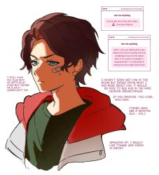  1boy animification black_shirt blue_eyes brown_hair closed_mouth cropped_shoulders curtained_hair english_text highres kamen_rider kamen_rider_drive_(series) male_focus nervous_sweating p_(puddingummy) shijima_gou shirt short_hair simple_background solo sweat white_background 