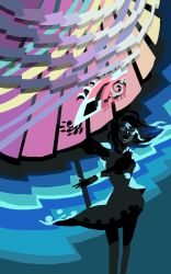  1girl abstract blue_eyes cowboy_shot eico floating_hair heterochromia highres looking_ahead looking_at_viewer one-hour_drawing_challenge open_mouth red_eyes smile solo straight-on tatara_kogasa touhou 