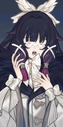  1girl absurdres black_hair blindfold blue_background bow closed_eyes columbina_(genshin_impact) commentary eules genshin_impact hair_bow hair_flaps hands_up highres long_hair long_sleeves multicolored_hair open_mouth sidelocks sleeve_bow solo upper_body white_bow 