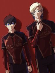  2boys bastard_munchen_soccer_uniform blonde_hair blue_eyes blue_lock closed_mouth flower_tattoo gradient_hair hand_tattoo height_difference highres isagi_yoichi looking_at_another male_focus michael_kaiser multicolored_hair multiple_boys nannnann4321 neck_tattoo red_background short_hair shorts simple_background standing tattoo two-tone_hair 