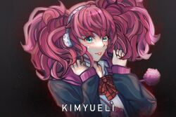  aqua_eyes artist_name big_hair black_jacket bow commentary drawstring earmuffs eyelashes jacket kyokugen_dasshutsu kyokugen_dasshutsu:_9_jikan_9_nin_9_no_tobira lips long_hair long_sleeves meliora open_clothes open_jacket pink_hair pom_pom_(clothes) pom_pom_drawstring red_bow smile twintails yotsuba_(kyokugen_dasshutsu) 