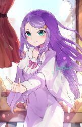  1girl \n/ absurdres anastasia_hoshin blue_eyes bow bowtie broken_window cape closed_mouth collarbone commentary_request dated dress fur-trimmed_sleeves fur_collar fur_trim hair_ornament hand_on_own_hip highres justjast long_hair long_sleeves looking_at_viewer pink_bow pink_bowtie purple_hair re:zero_kara_hajimeru_isekai_seikatsu signature smile solo star_(symbol) star_hair_ornament swept_bangs upper_body v-shaped_eyebrows white_cape white_dress 