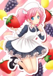  1girl aikatsu! aikatsu!_(series) amahane_madoka apron armband black_shoes blue_dress blue_eyes commentary_request contrast_collar cosplay dress feet_up_heels_up finger_to_face food food-themed_background frills fruit fruit_background grapes hair_ornament hat high_heels holding holding_food holding_fruit houwasekai lemon light_blush little_nurse little_nurse_(cosplay) long_sleeves looking_at_viewer mary_janes mentholatum nurse nurse_cap outline oversized_food oversized_object parted_lips peach petticoat pink_background pink_hair raised_eyebrows shoes socks strawberry striped_background twintails white_apron white_outline white_socks wing_hair_ornament winged_hair_tie 