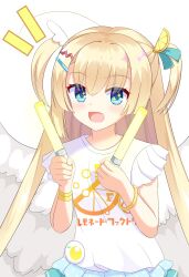  1girl :d ahoge alternate_costume angel angel_wings aqua_bow blonde_hair blue_eyes blue_shirt blunt_ends blush bow bracelet clothes_writing commentary_request cowboy_shot dual_wielding excited eyes_visible_through_hair frilled_shirt frills glowstick gold_bracelet hair_between_eyes hair_bow hair_ornament hairclip hands_up hato_head highres holding holding_glowstick jewelry long_hair miniskirt notice_lines open_mouth parallel_hairclips pleated_skirt shirayuki_noa shirt sidelocks simple_background skirt smile solo sparkling_eyes straight_hair t-shirt tenshi_souzou_re-boot! two_side_up very_long_hair white_background white_shirt wing_hair_ornament wings yuzu_hair_ornament 
