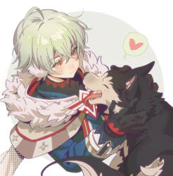  1boy ahoge alyosha_(genshin_impact) animal animal_ears animal_nose black_fur black_gloves black_shirt blue_jacket blush border cape closed_eyes closed_mouth commentary_request covered_collarbone crossed_bangs dog dog_ears dog_tail earmuffs freckles fridaynightcat fur-trimmed_cape fur_trim genshin_impact gloves green_hair grey_background hair_between_eyes heart highres hood hooded_cape husky jacket long_sleeves looking_at_animal male_focus open_mouth outside_border pet polka_dot polka_dot_background round_border sharp_teeth shirt short_hair smile speech_bubble spoken_heart tail teeth tongue tongue_out turtleneck turtleneck_shirt two-tone_fur white_border white_cape white_fur yellow_eyes 