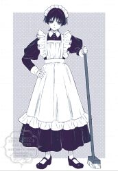  1boy alternate_costume apron arm_at_side blunt_ends clenched_hand closed_mouth collared_dress commentary_request crossdressing crossdressing_(mtf) dress enmaided frilled_apron frills full_body genshin_impact greyscale hand_on_own_hip hand_up holding juliet_sleeves long_dress long_sleeves looking_at_viewer maid maid_apron maid_headdress male_focus male_maid mary_janes monochrome mop puffy_sleeves roge_gnsn scaramouche_(genshin_impact) shoes solo standing straight-on tsurime watermark wispy_bangs wolf_cut 