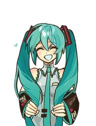  1girl ^_^ aqua_hair aqua_necktie aqua_trim black_sleeves blush closed_eyes collared_shirt commentary_request detached_sleeves grey_shirt grin hair_between_eyes hair_ornament happy hatsune_miku heart hh5000872281156 holding_own_hair long_hair lowres necktie shirt shoulder_blush sidelocks simple_background sleeveless sleeveless_shirt smile solo tie_clip twintails upper_body vocaloid white_background wing_collar 