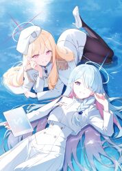  .com_(bot_com1) 2girls black_pantyhose blonde_hair blonde_student_council_president_(blue_archive) blue_archive blue_eyes blue_hair braid colored_inner_hair commentary_request general_student_council_president_(blue_archive) hair_over_one_eye halo hat high_heels highres holding holding_tablet_pc jacket jacket_on_shoulders long_hair long_sleeves lying multicolored_hair multiple_girls on_back pantyhose parted_lips pink_eyes pink_hair shirt shoes single_braid smile streaked_hair tablet_pc two-tone_hair very_long_hair white_hat white_jacket white_shirt white_shoes 