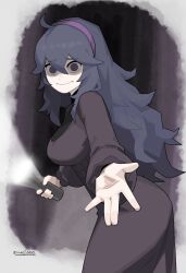  1girl @_@ ahoge black_background black_dress black_hair border breasts commentary cowboy_shot double-parted_bangs dress english_commentary flashlight gradient_background hair_between_eyes hairband hex_maniac_(pokemon) hex_maniac_(pokemon_xy) highres holding holding_flashlight hug_invitation long_dress long_hair looking_at_viewer medium_breasts messy_hair mojyo moojicarp offering_hand outside_border pokemon pokemon_x_and_y purple_hair purple_hairband raised_inner_eyebrows scared shaded_face sidelocks simple_background solo twitter_username violet_eyes wavy_mouth white_border 